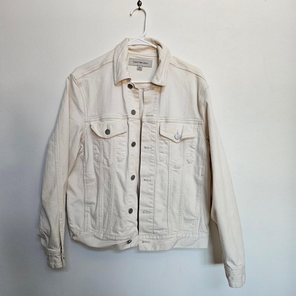 Calvin Klein Jeans Off White Cream Denim Trucker Jacket Mens Large
